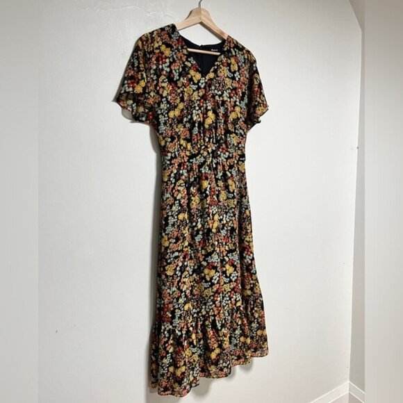 Madewell Floral Midi Dress – Size 4, V-Neck Flutter Sleeve Black Multi-Color - Picture 3 of 11